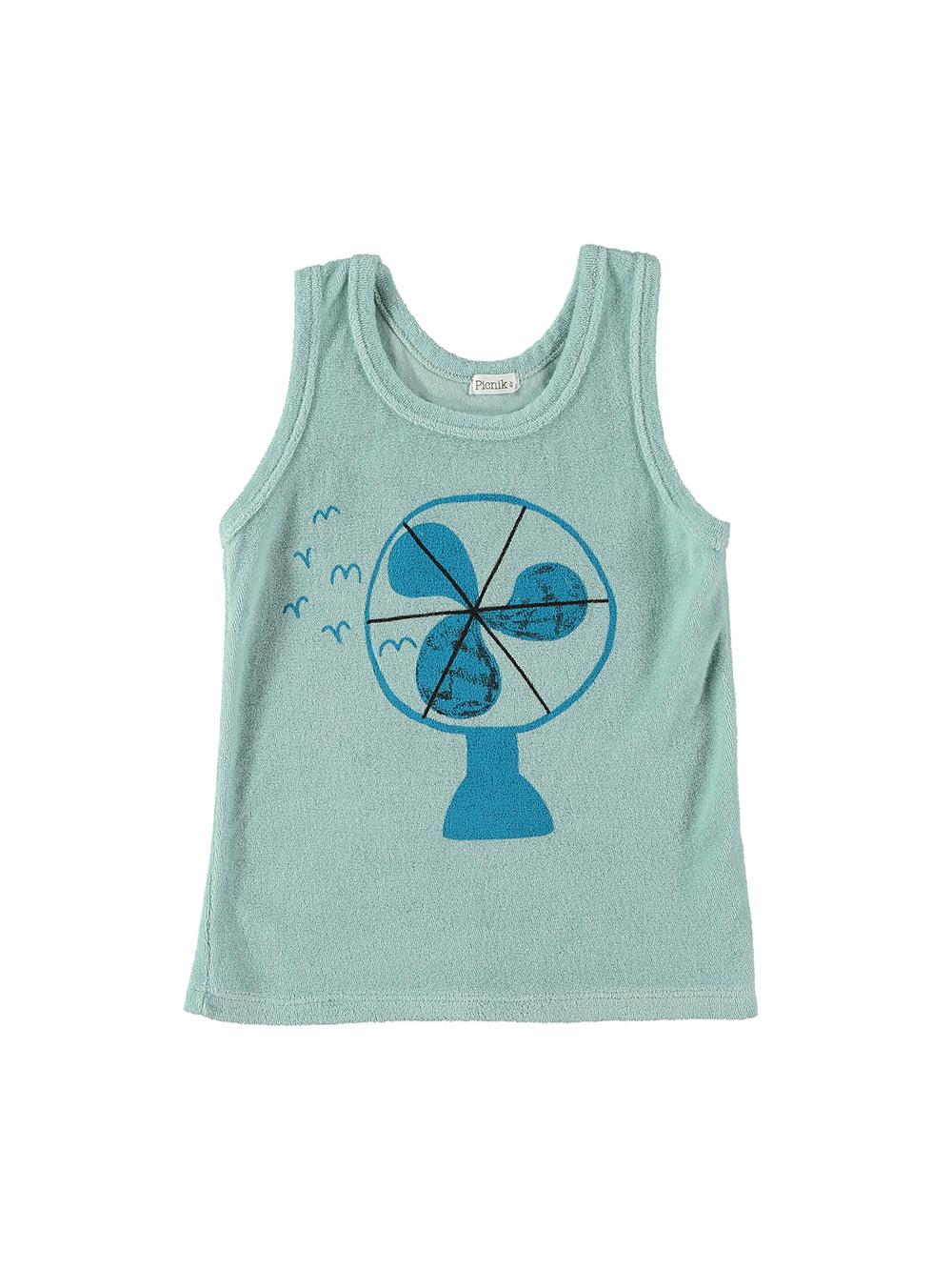 CAMISETA TIRANTES AZUL CLARO CON ESTAMPADO VENTILADOR Y PÁJAROS