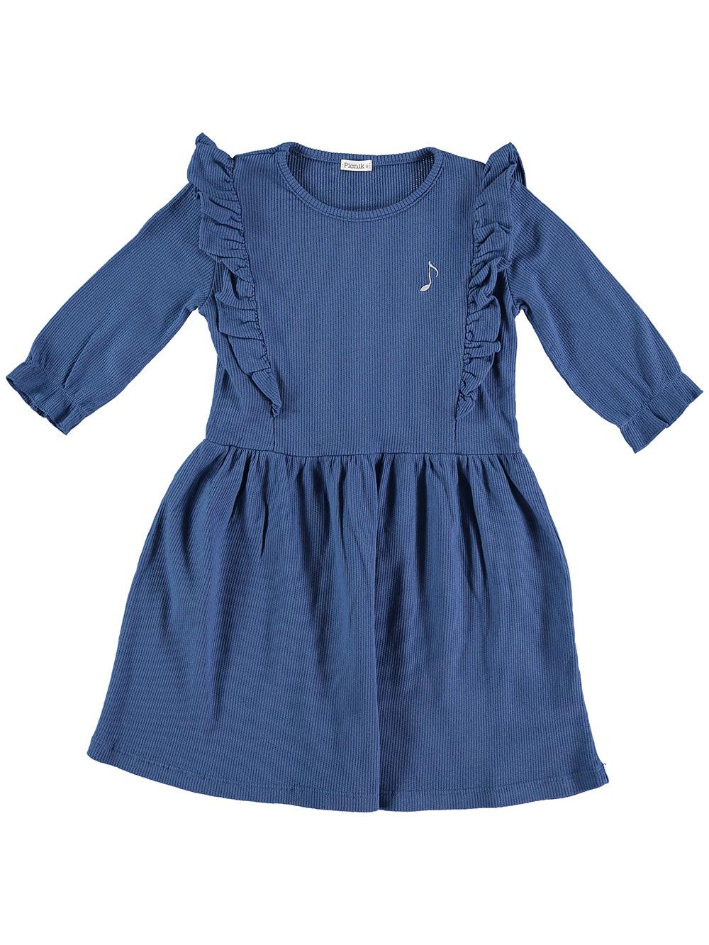 VESTIDO MANGA TRES CUARTOS BORDADO NOTA AZUL MARINO