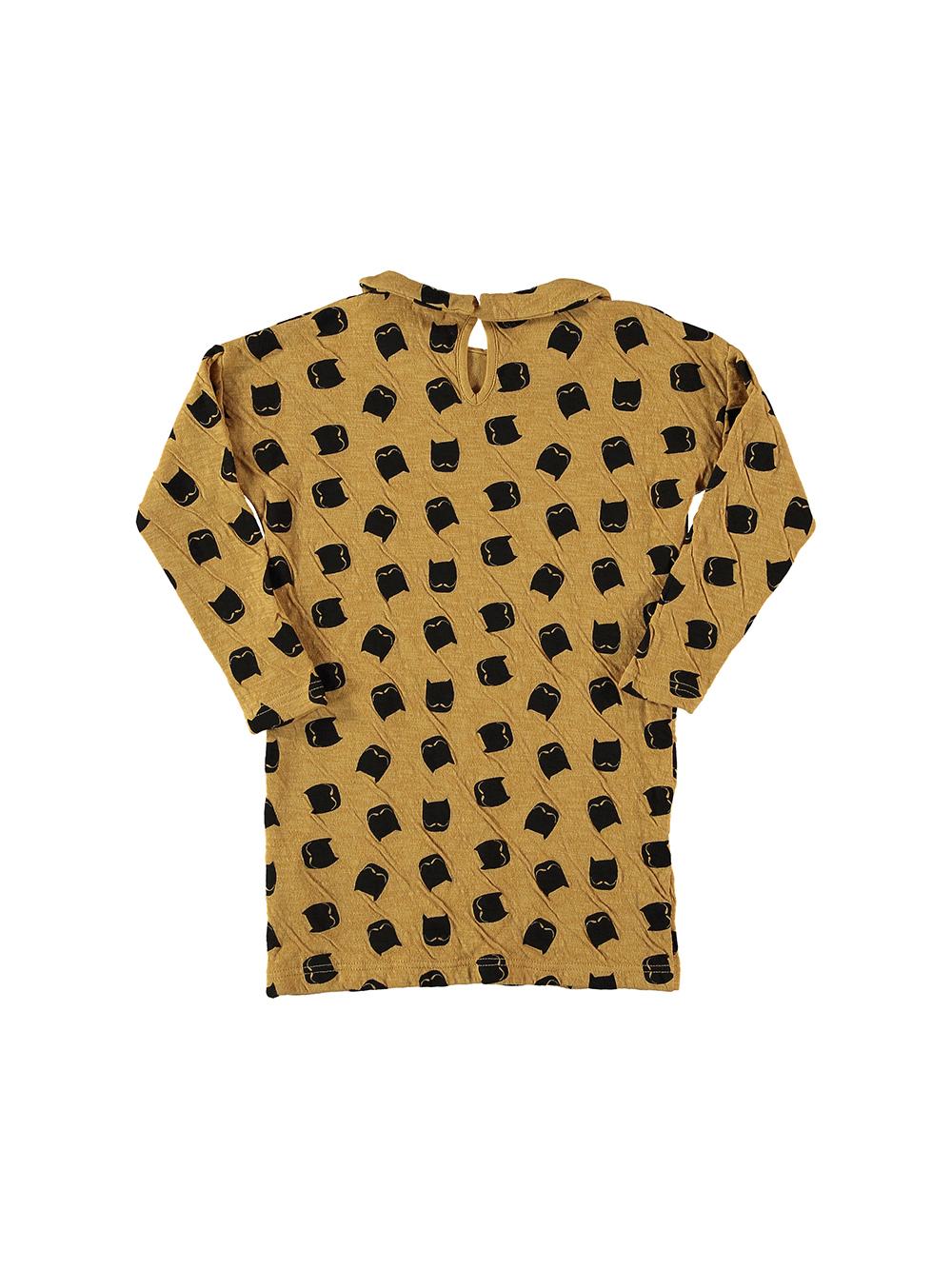 YELLOW WHISTRATED CATS PRINTED ROUND NECK DRESS