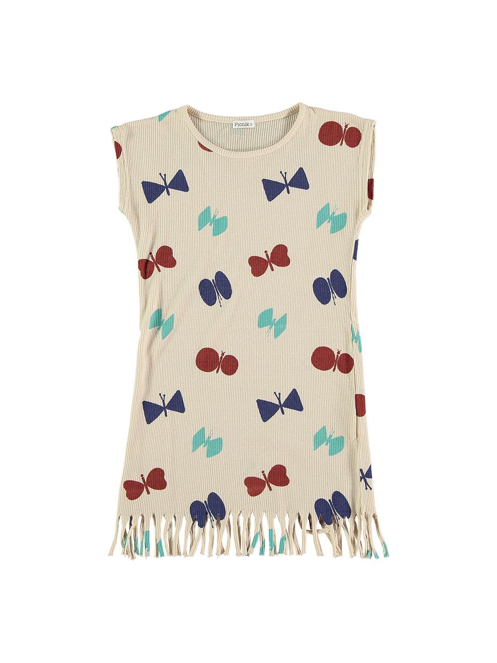 VESTIDO ESTAMPADO MARIPOSAS FLEQUILLO BLANCO ROTO