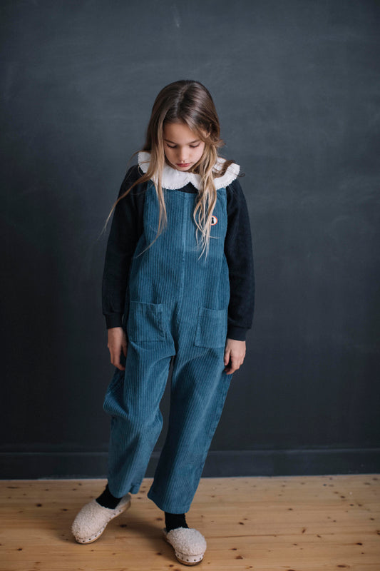 BLUE EMBROIDERED CORDUROY SUSPENDED JUMPSUIT WITH LOCK