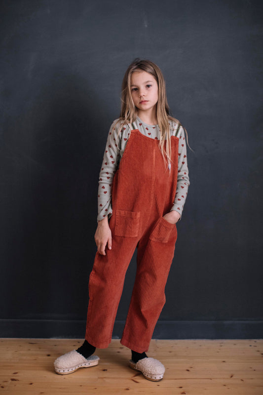 EMBROIDERED CORDUROY SUSPENDED JUMPSUIT WITH BOILER LOCK