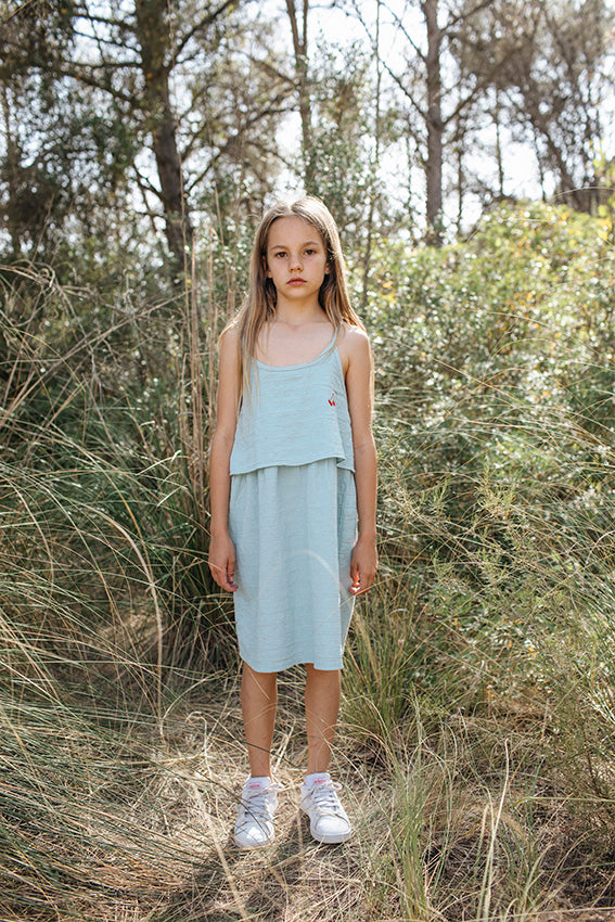 LIGHT BLUE CHERRY EMBROIDERED STRAPS DRESS