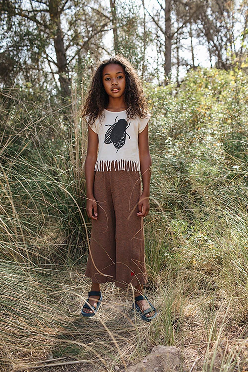 LONG WIDE PANTS WITH BROWN BUTTERFLY EMBROIDERY
