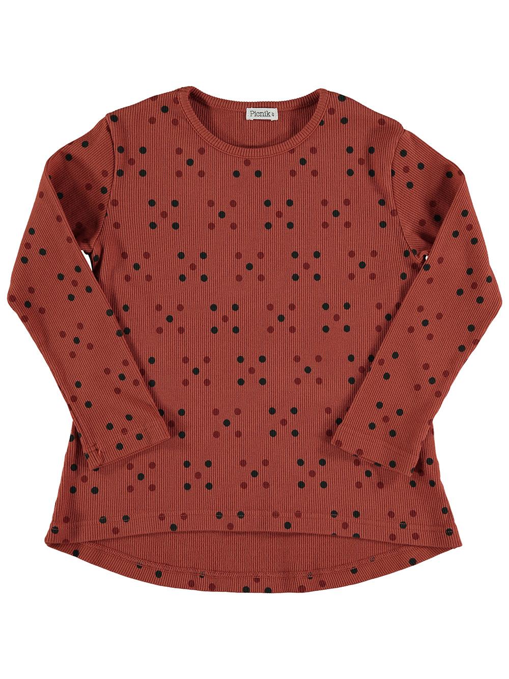 RED LONG SLEEVE T-SHIRT WITH COLORFUL DOTS PRINT