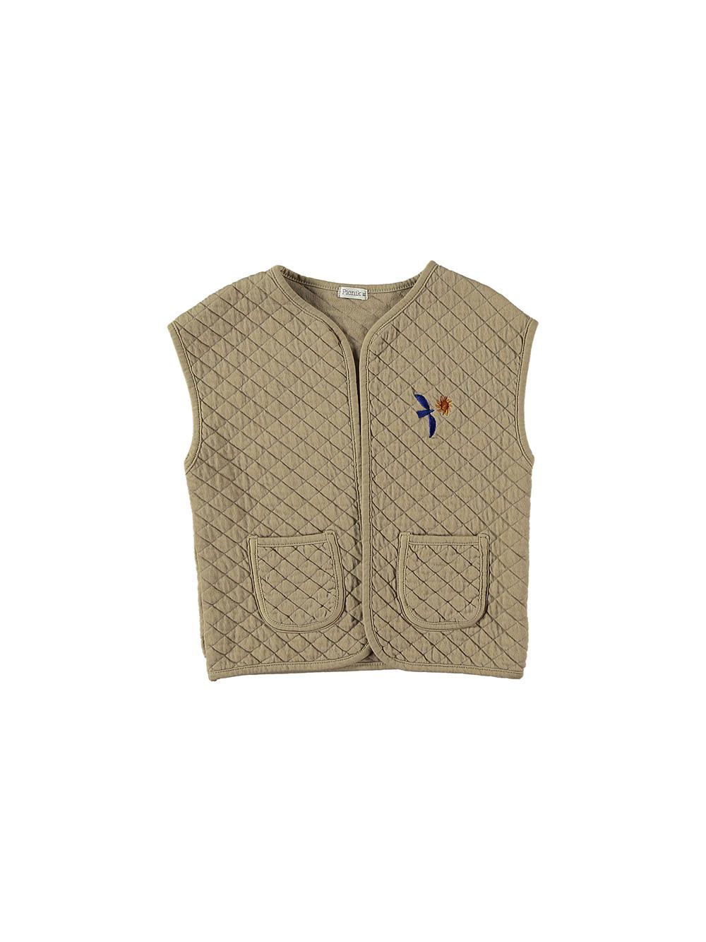 CAMEL QUILTED VEST WITH FLOWER EMBROIDERY