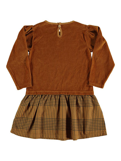 CAMEL LONG SLEEVED DRESS WITH STRIPED PRINTED SKIRT