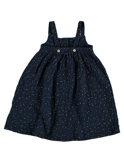 NIGHT BLUE STRAPS DRESS WITH GOLDEN DOTS PRINT