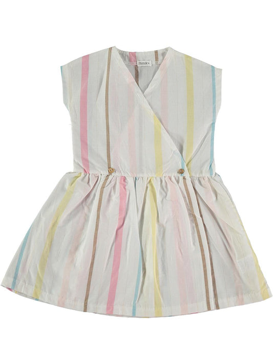 WHITE WRAP DRESS WITH MULTICOLOR STRIPES