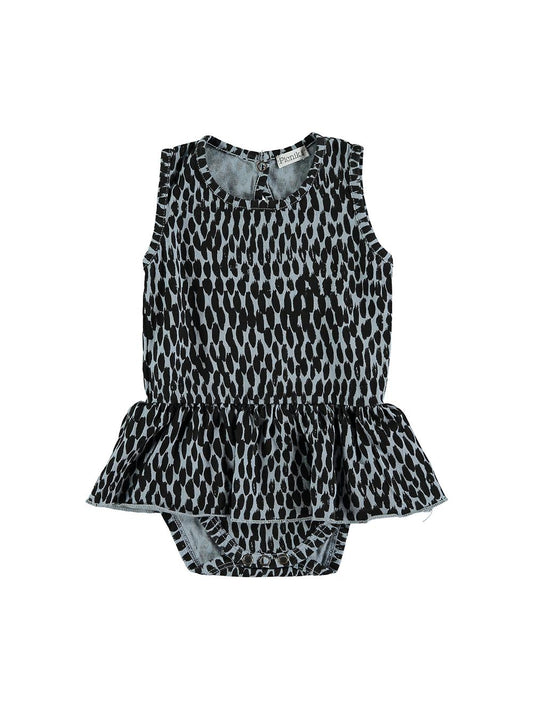 GRAY ANIMAL PRINT BODYSUIT WITH STRAPS AND RUFFLE