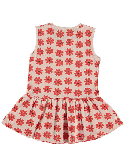 VESTIDO ROSA PASTEL ESTAMPADO FLORES ROJAS