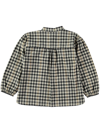 FLOWER EMBROIDERY CHECKED MAO NECK SHIRT