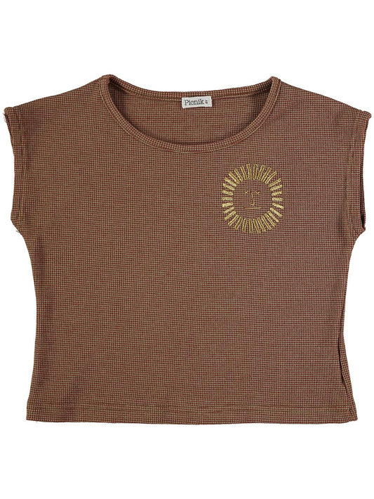 SHORT SLEEVE T-SHIRT WITH WHITE AND BROWN STRIPED SUN EMBROIDERY