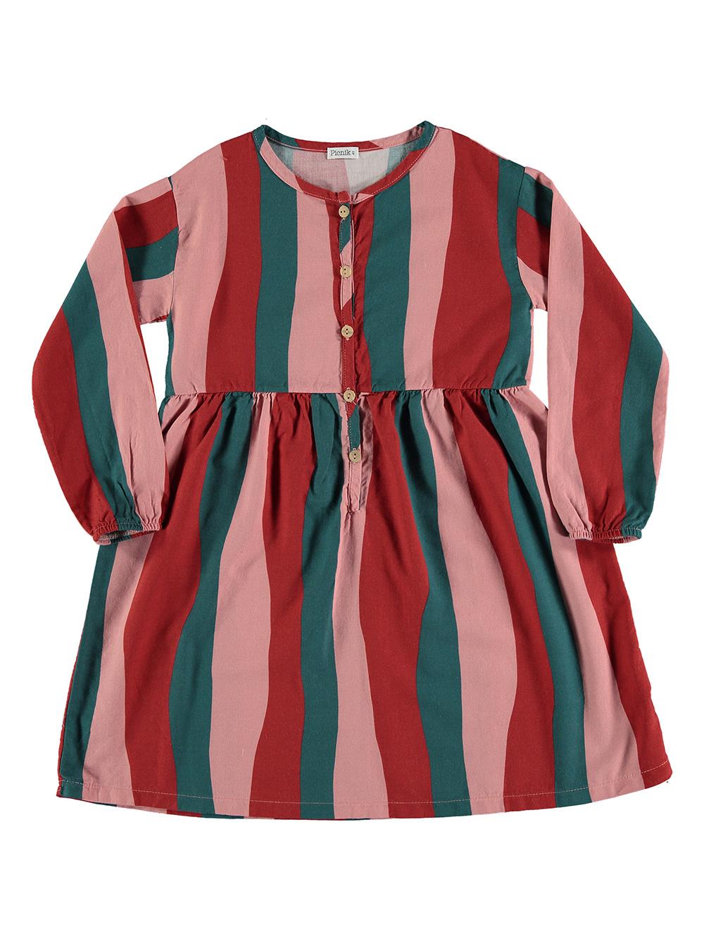 LONG SLEEVE STRIPED DRESS IN GREEN RED AND PINK COLORS