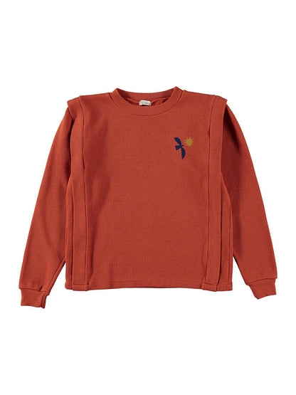 PEACH BIRD AND SUN EMBROIDERY SHOULDER SWEATER