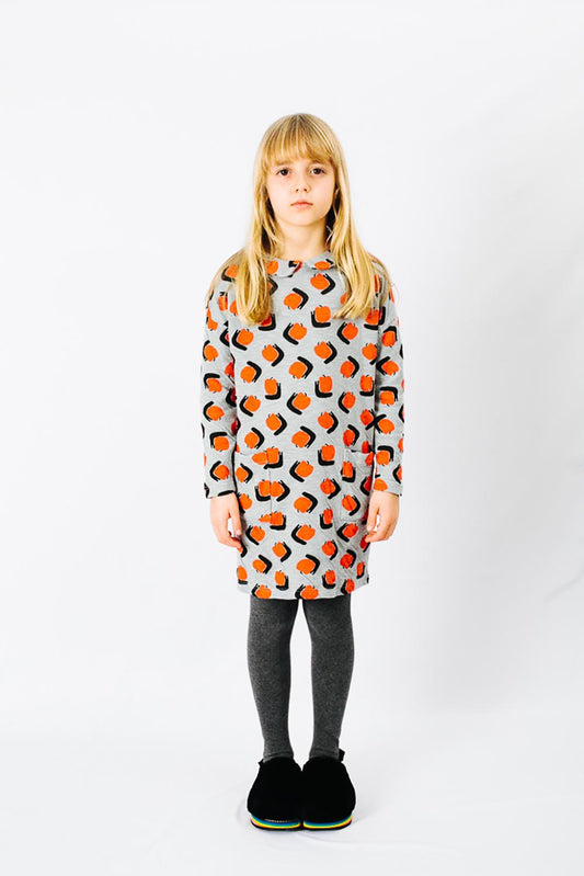 GRAY APPLE SNAIL PRINT ROUND NECK DRESS