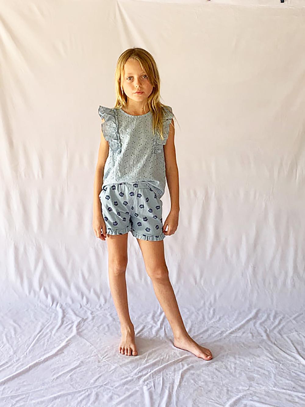 LIGHT BLUE SUMMER POWER PRINTED RUFFLED SHORTS