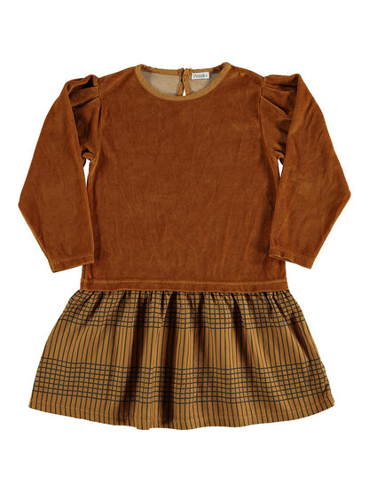 CAMEL LONG SLEEVED DRESS WITH STRIPED PRINTED SKIRT