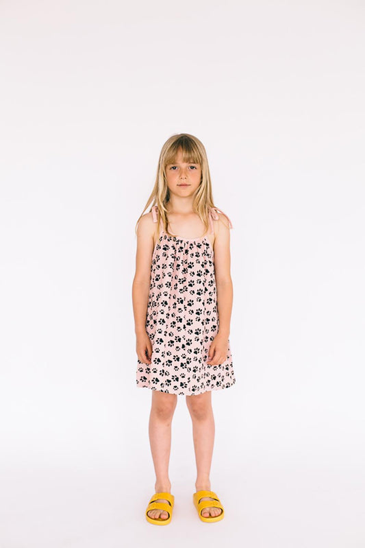 PINK FOOTPRINT PRINTED BOW STRAPS DRESS