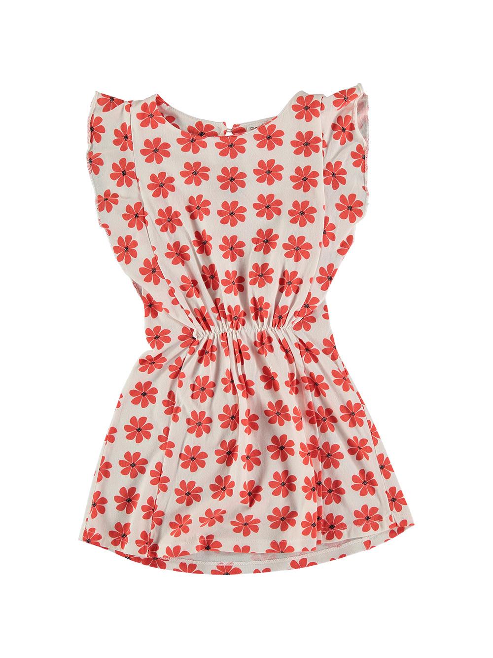 RED FLOWER PRINTED STONE RUFFLE DRESS