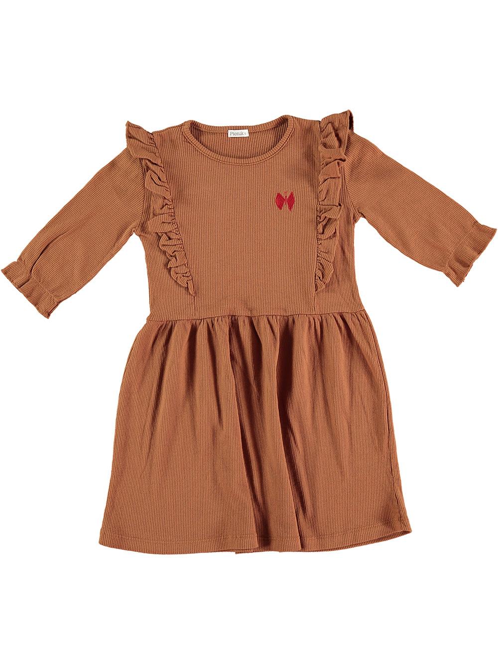 BROWN BUTTERFLY EMBROIDERED THREE-QUARTER SLEEVE DRESS