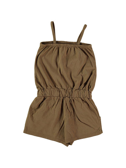 BROWN WHALE AND BOAT SHORT SUSPENDED JUMPSUIT