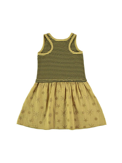 YELLOW STRIPES AND STARS PRINTED STRAPS DRESS