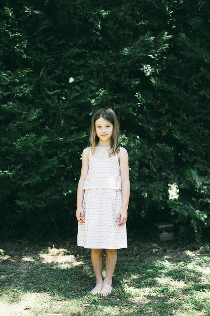 PASTEL PINK DRESS WITH BLUE AND RED DOT RELIEF STRAPS