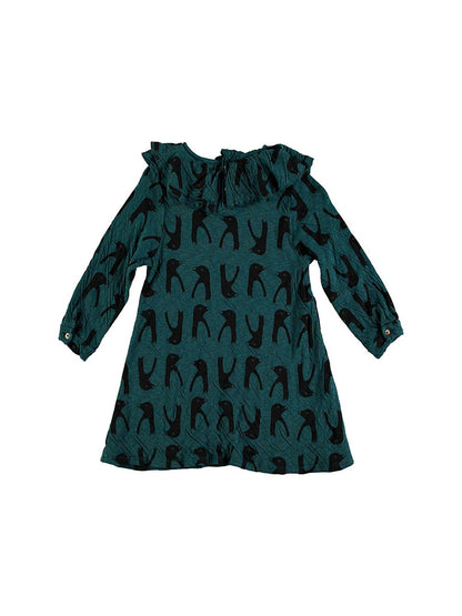 DARK GREEN PENGUINS PRINTED Ruffle Neck Dress