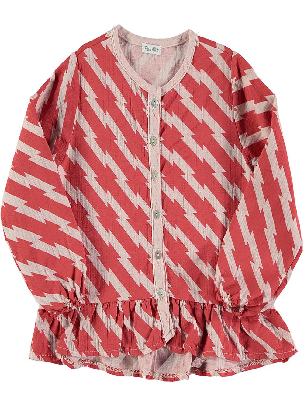 PINK RUFFLED SHIRT WITH RED STRIPES PRINT