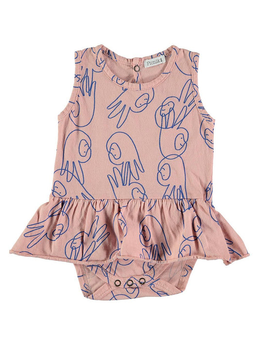 PINK HANDS FACES PRINTED RUFFLED STRAPS BODYSUIT