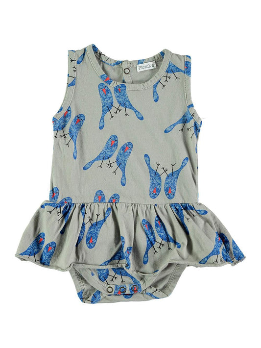 GRAY SLEEPING BIRDS PRINTED RUFFLED STRAPS BODYSUIT