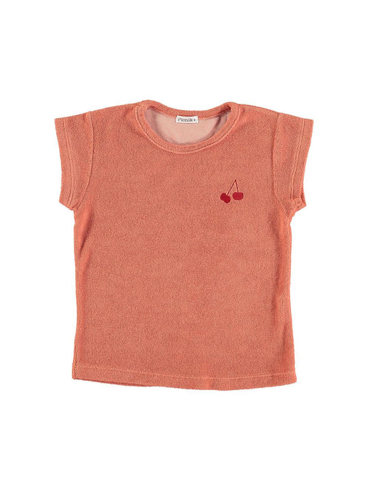 SALMON CHERRY EMBROIDERY TERRY T-SHIRT