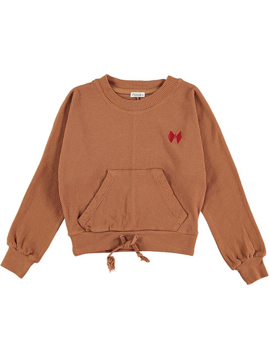 BROWN BUTTERFLY EMBROIDERY FRONT POCKET SWEATSHIRT