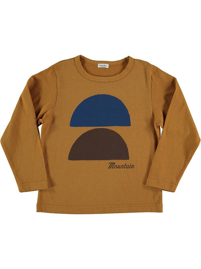 CAMEL LONG SLEEVE T-SHIRT WITH MOUNTAIN PRINT