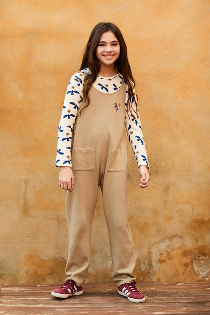 CAMEL BIRD AND SUN EMBROIDERY SUSPENDED JUMPSUIT