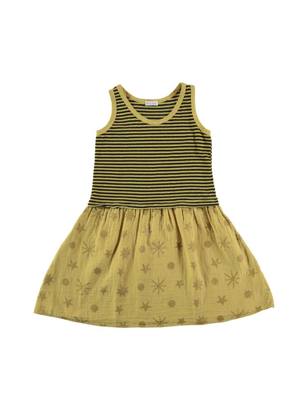 YELLOW STRIPES AND STARS PRINTED STRAPS DRESS