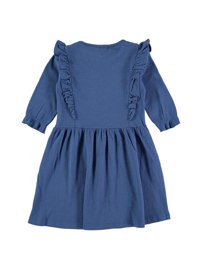 NAVY BLUE NOTE EMBROIDERED THREE-QUARTER SLEEVE DRESS