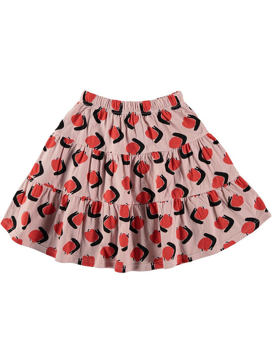 Ruffled skirt printed with pink apples and snails