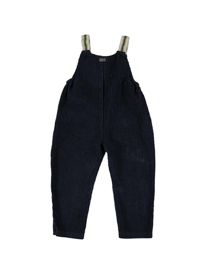 NIGHT BLUE EMBROIDERY CORDUROY SUSPENDED JUMPSUIT WITH LOCK