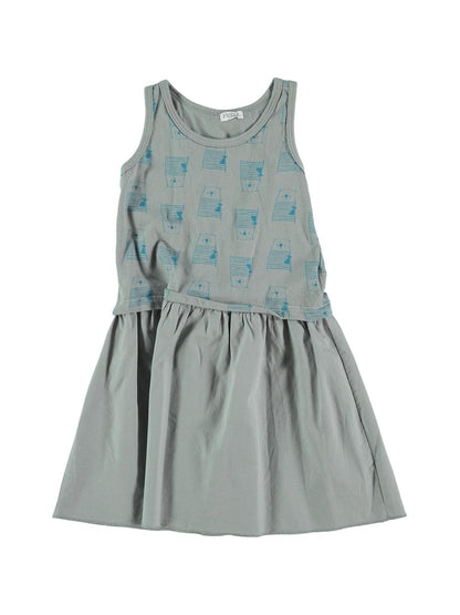 GRAY CATS AND FISH PRINTED STRAPS DRESS