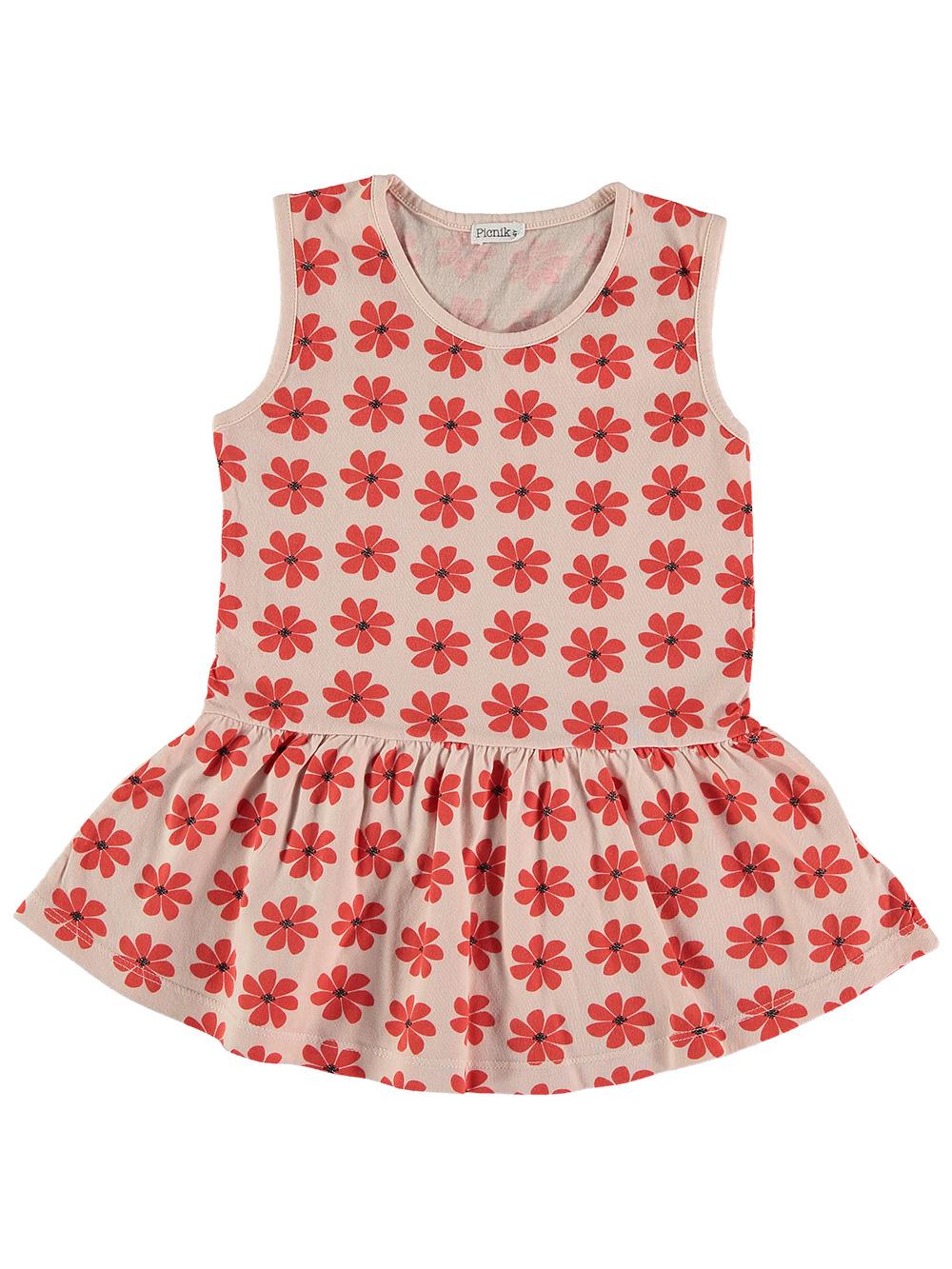 VESTIDO ROSA PASTEL ESTAMPADO FLORES ROJAS