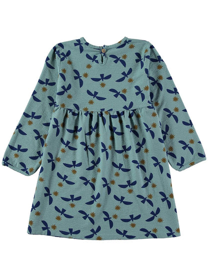 BLUE BIRDS AND SUNS PRINTED DRESS