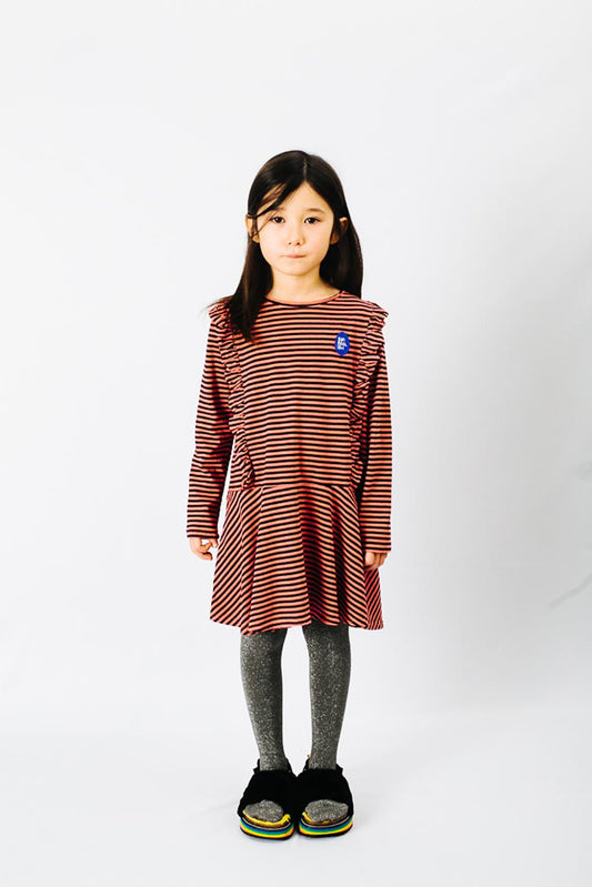 BLACK AND CHERRY STRIPED RUFFLED DRESS WITH EMBROIDERY SURREALISM