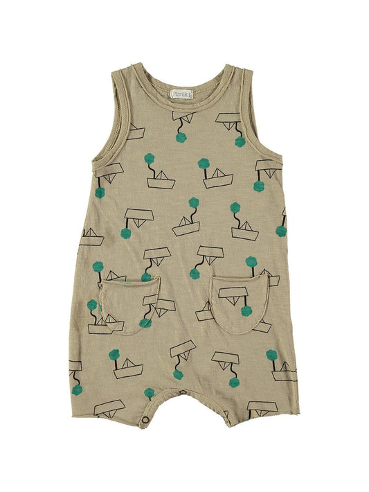 CAMEL BOAT AND TREE PRINT SHORT JUMPSUIT WITH POCKETS
