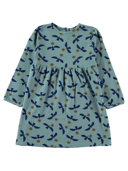 BLUE BIRDS AND SUNS PRINTED DRESS