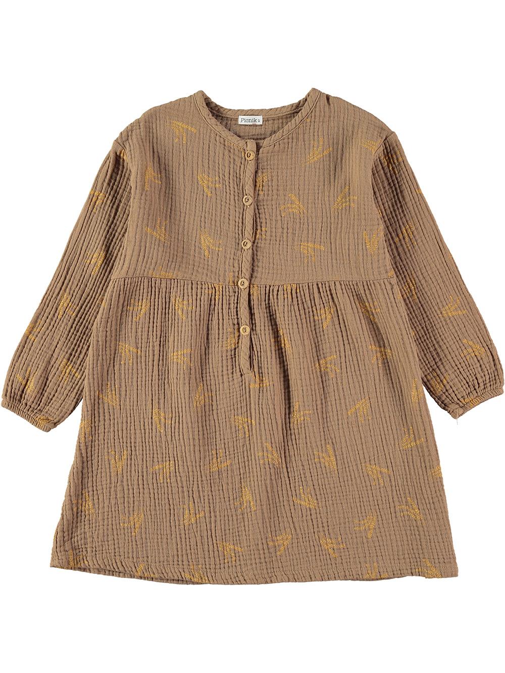 CAMEL WHEAT BOUQUET PRINTED BUTTONED DRESS