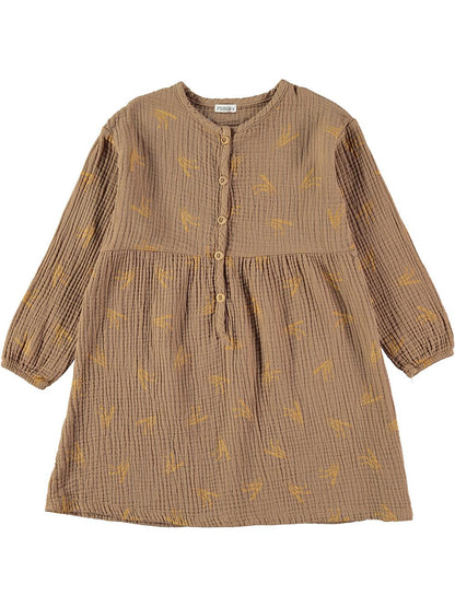 CAMEL WHEAT BOUQUET PRINTED BUTTONED DRESS