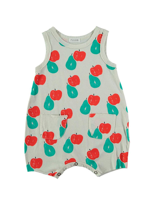 WHITE APPLE AND PEAR PRINT SUSPENDED JUMPSUIT