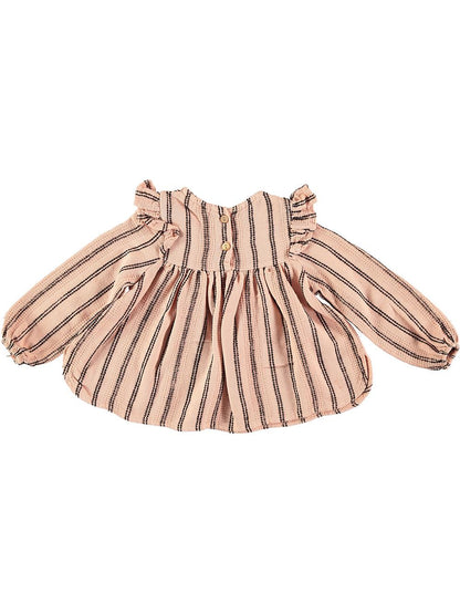 BLACK AND PINK STRIPED RUFFLED SHIRT